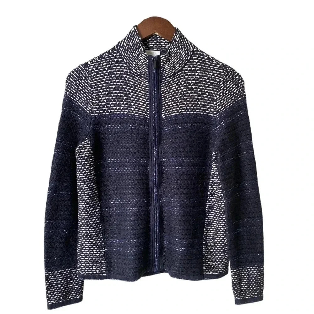 CHICO’S | Women’s Navy Blue/White Tasha Tweed Zip-Up Blazer/Cardigan Size 1 (S)